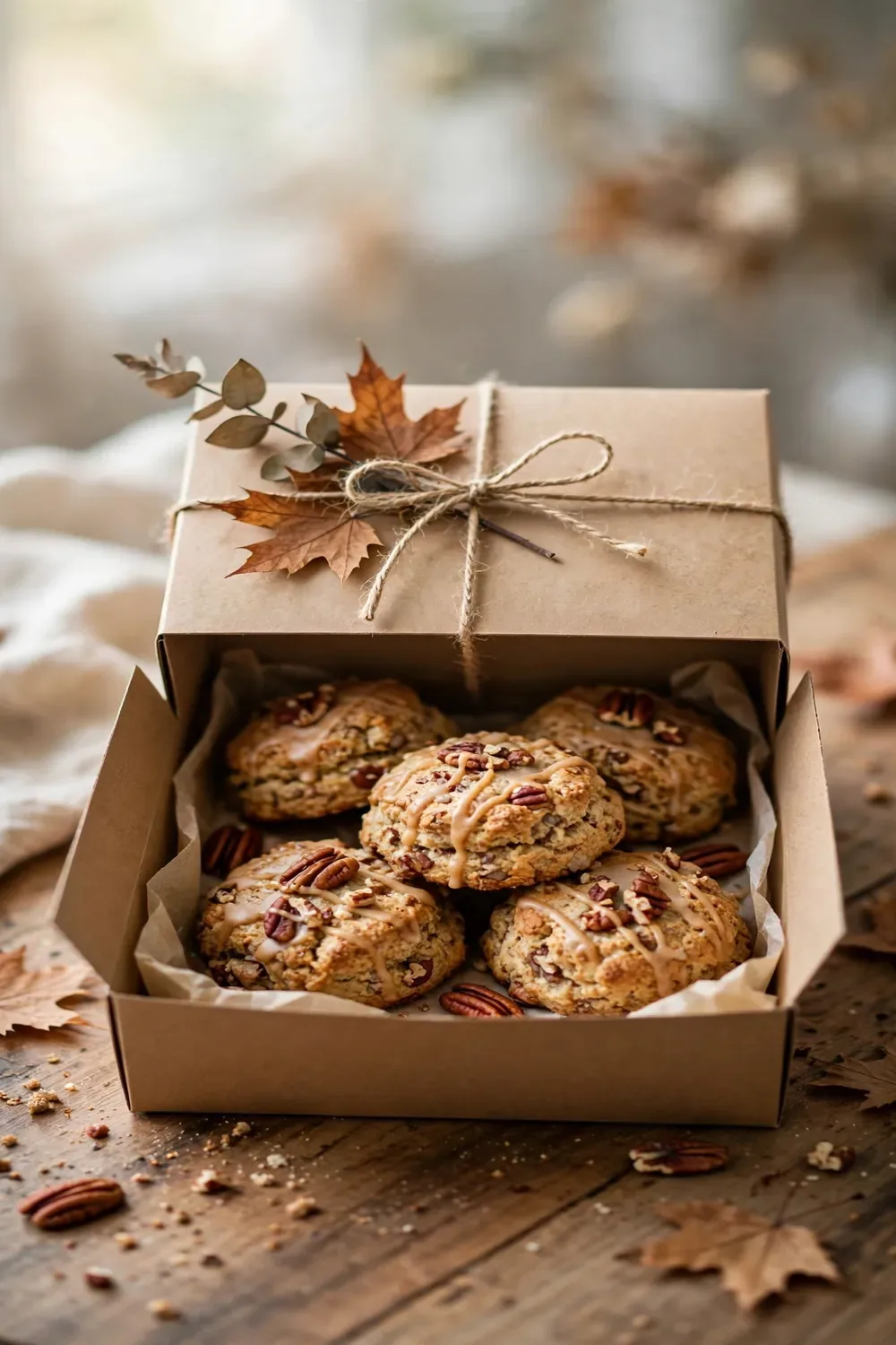 Maple pecan scone gift box tied with twine and dried leaves