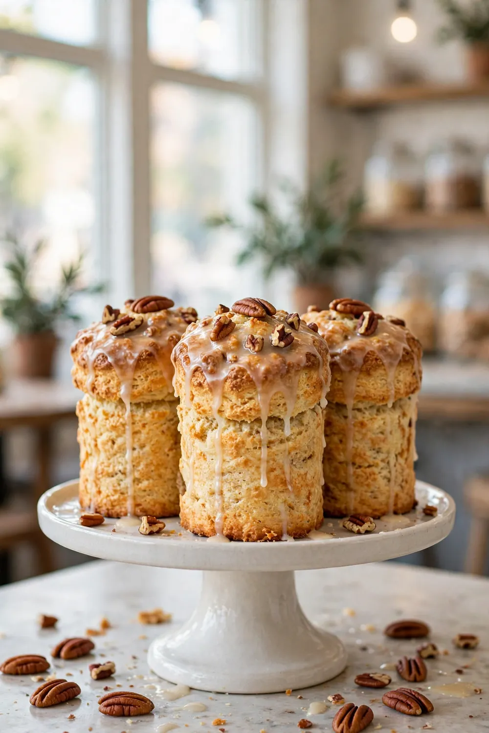 Tall maple pecan scone on a cake stand with glaze
