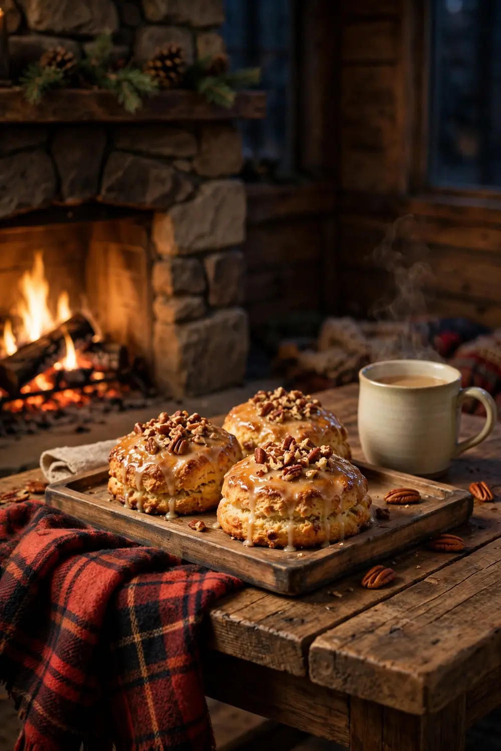 Maple pecan scone tray by a fireplace with a mug of tea
