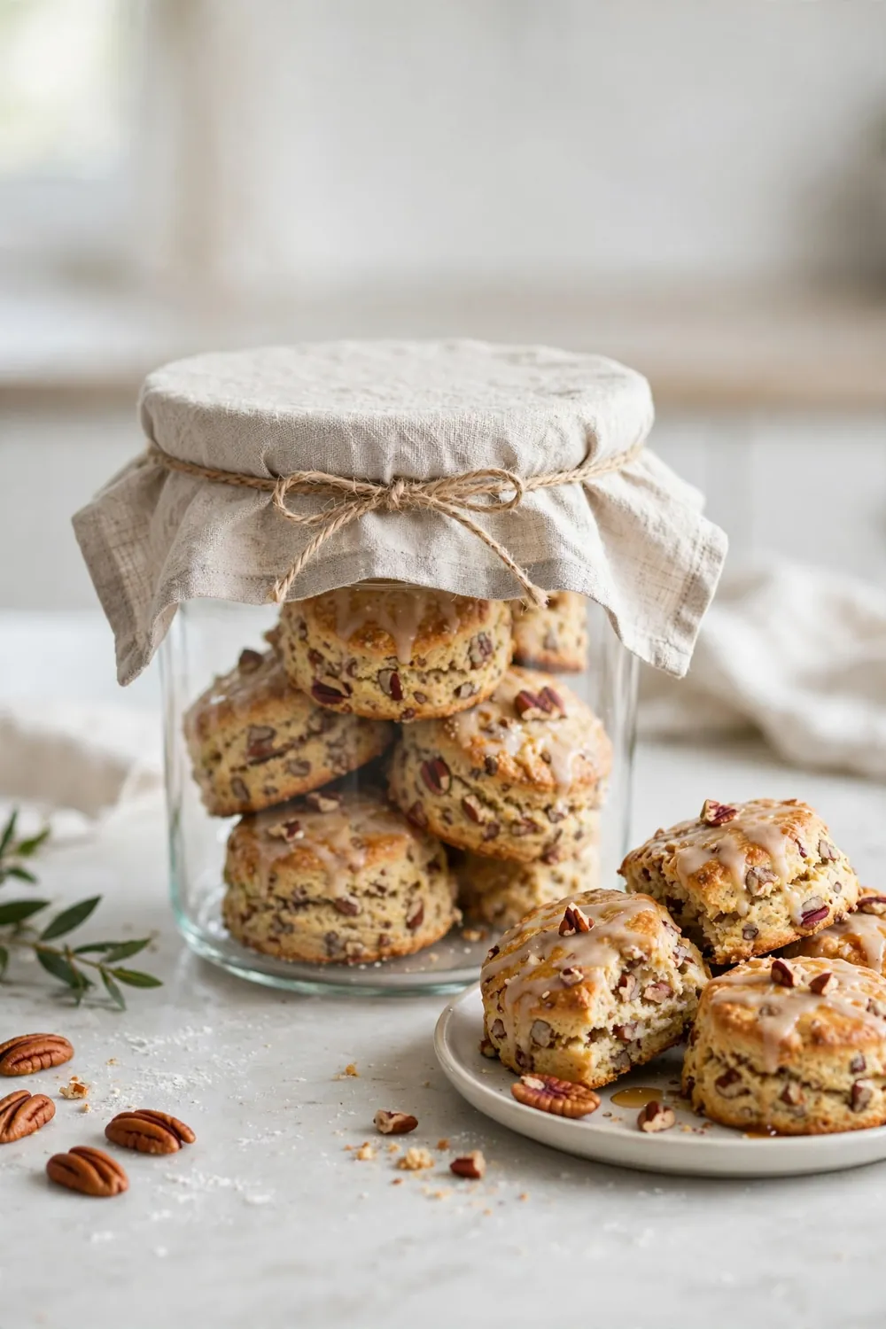 Maple pecan scone stored in a glass jar with a plate beside