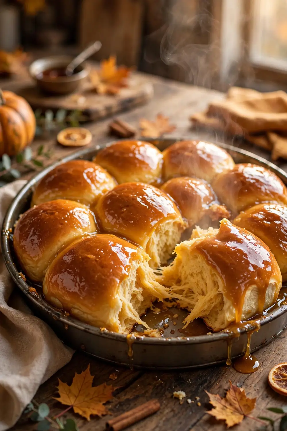 Maple pumpkin rolls with glossy tops, thanksgiving sides