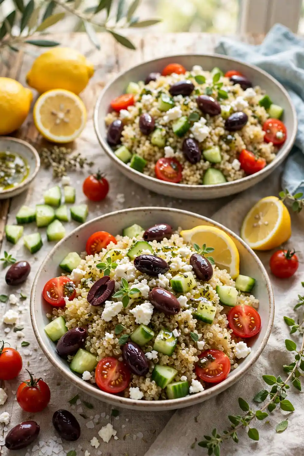 Mediterranean quinoa bowls with feta and olives