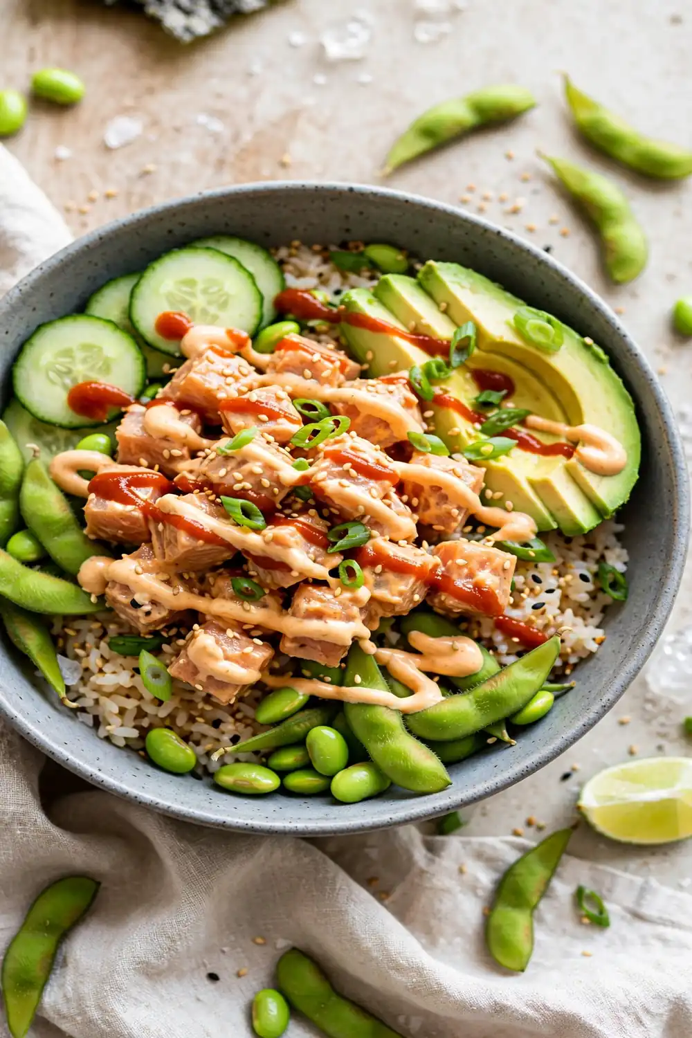 Spicy tuna bowls with avocado and cucumber
