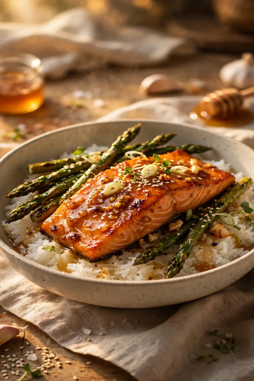 Honey garlic salmon bowls with asparagus