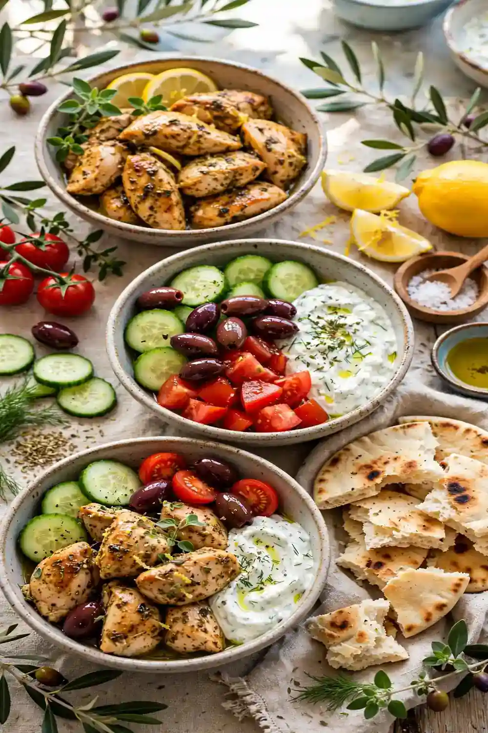 Greek chicken bowls with tzatziki and pita