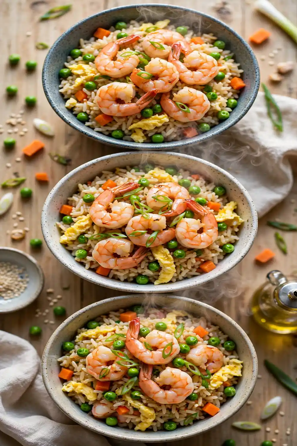 Shrimp fried rice bowls with peas and carrots