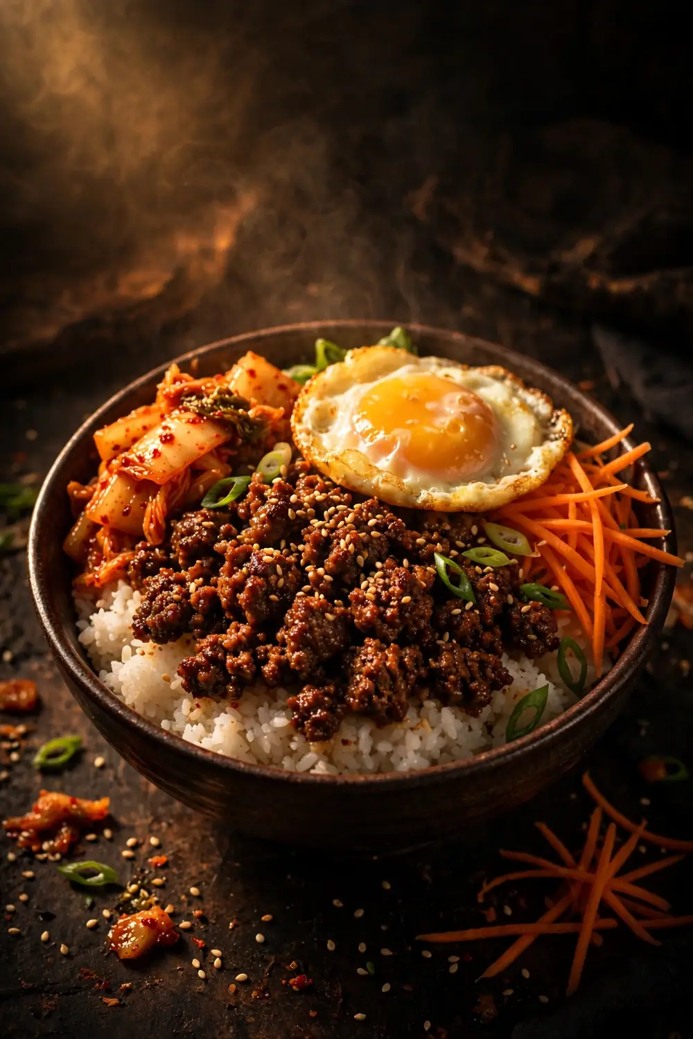 Korean beef bowls with kimchi and rice