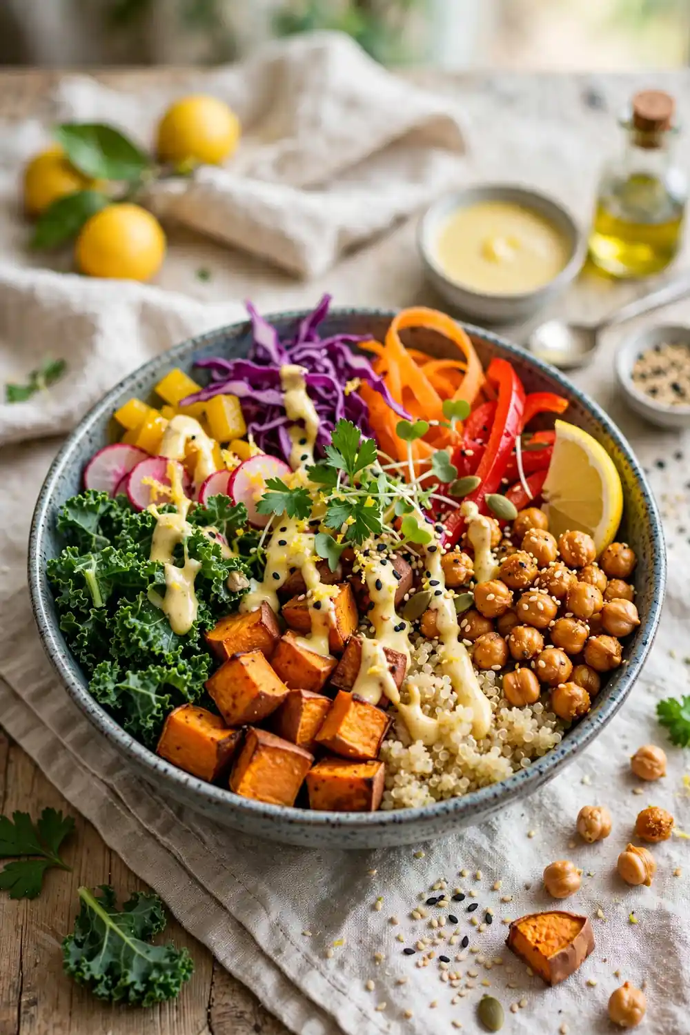 Buddha veggie bowls with roasted sweet potato and tahini