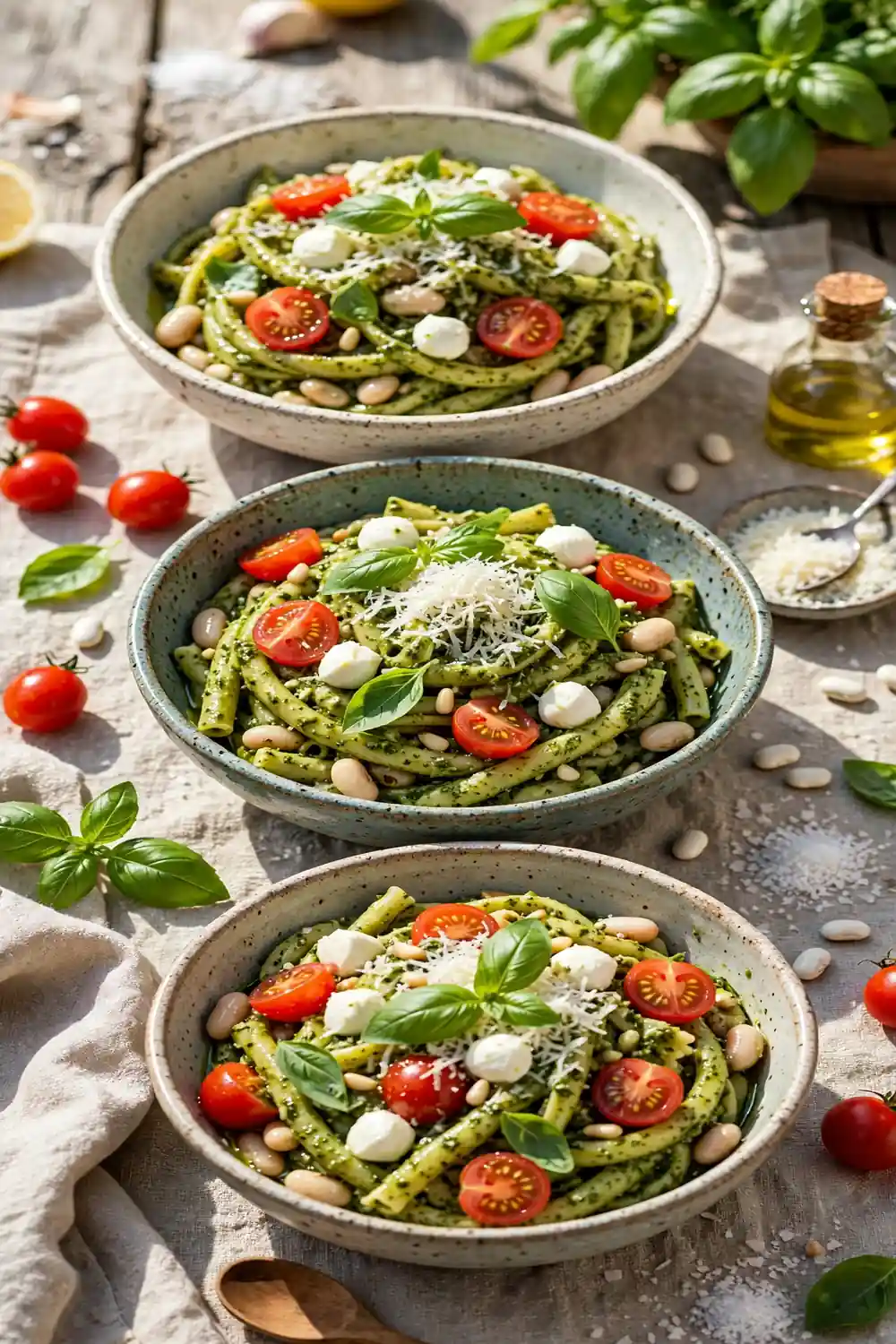 Pesto pasta bowls with cherry tomatoes and mozzarella