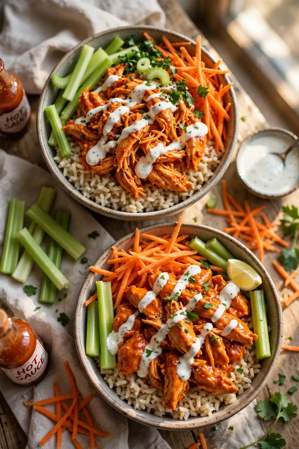 Buffalo chicken bowls with ranch and celery