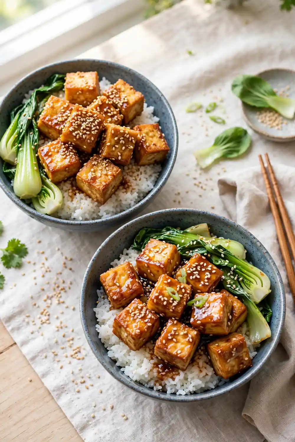Sesame tofu bowls with bok choy and rice