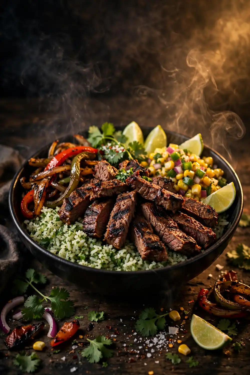 Chipotle steak bowls with peppers and lime