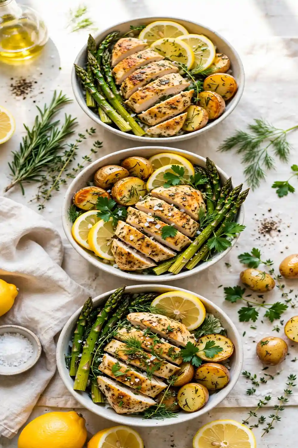 Lemon herb chicken bowls with asparagus and potatoes