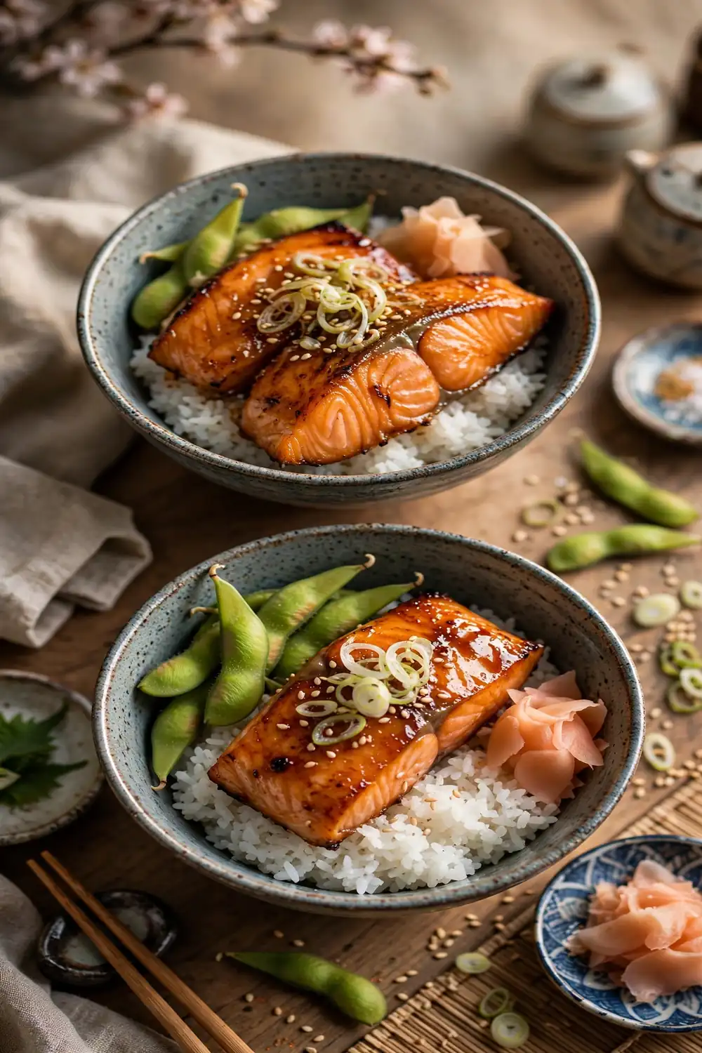 Miso salmon bowls with edamame and rice
