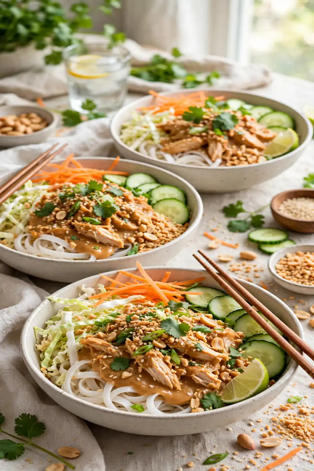 Peanut chicken bowls with slaw and noodles