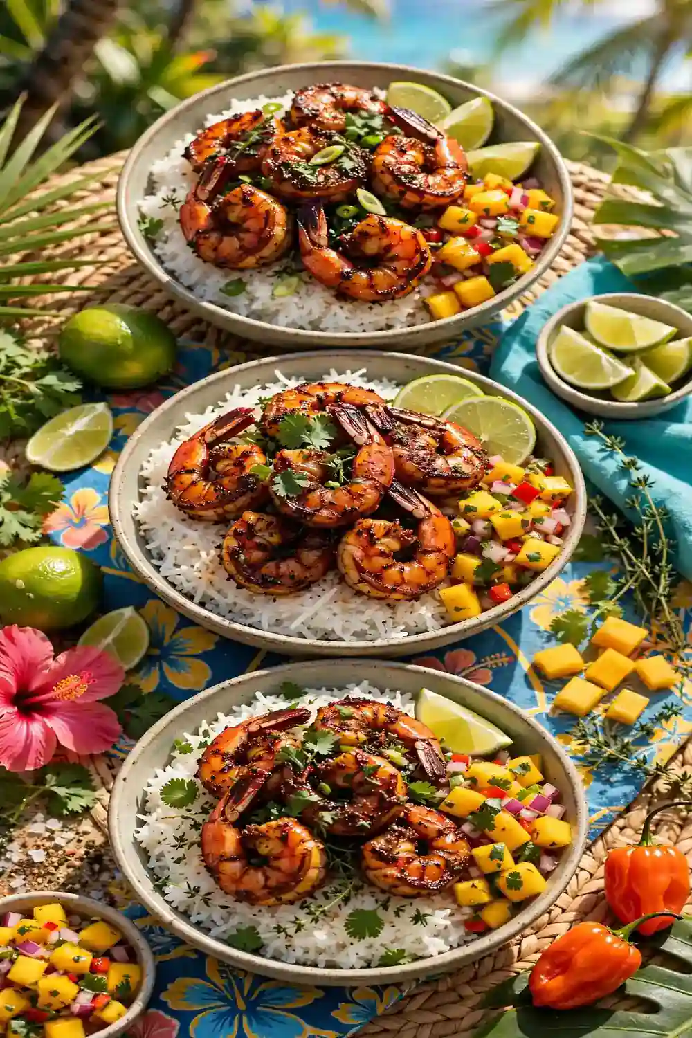 Jerk shrimp bowls with mango and coconut rice
