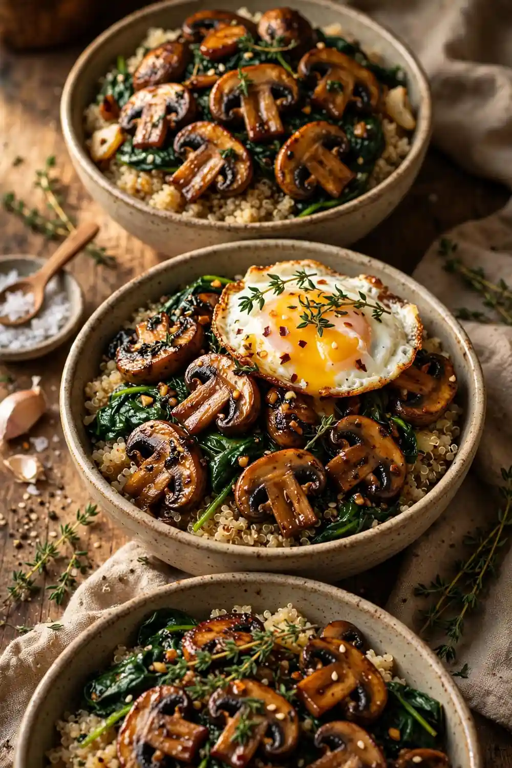 Garlic mushroom bowls with spinach and quinoa