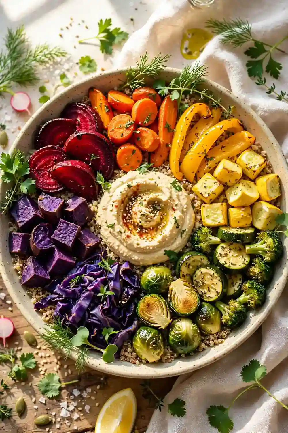 Rainbow veggie bowls with colorful vegetables and hummus