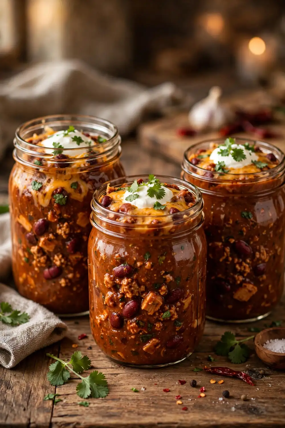 Turkey chili layered in glass meal prep jars