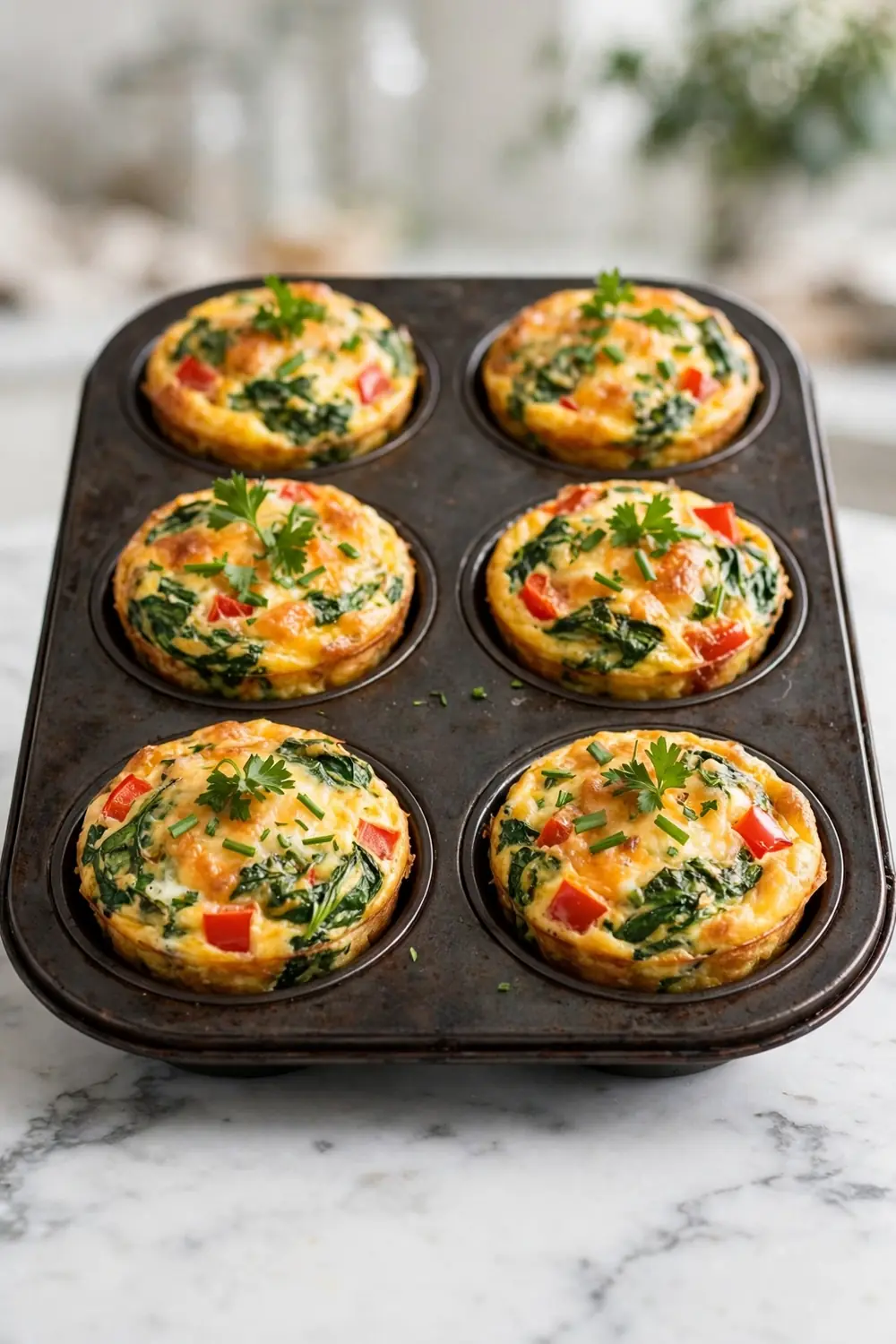 Egg muffin cups with spinach and cheese in a muffin tin