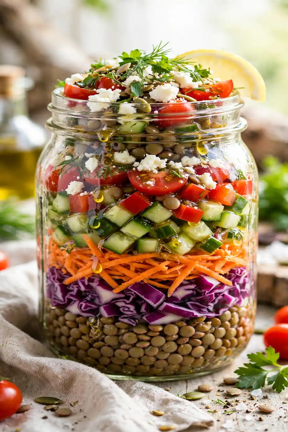 Lentil power salad with feta and vegetables in a jar