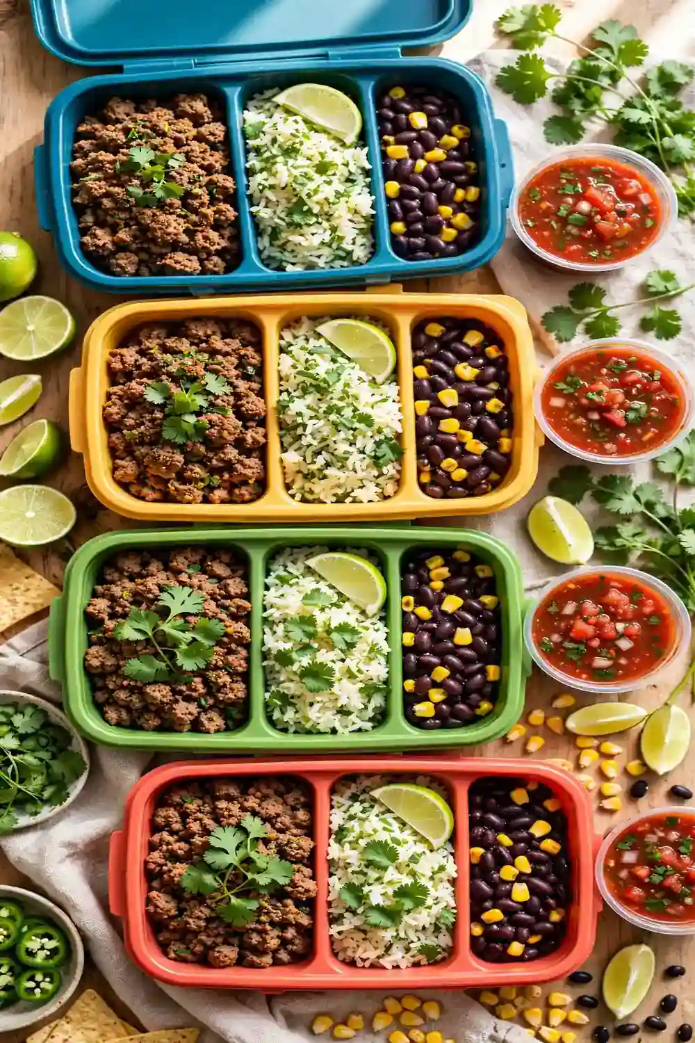 Beef taco meal prep packs with rice and toppings