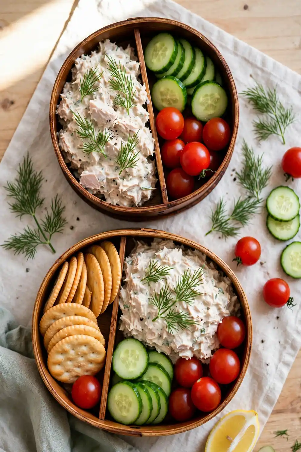 Tuna salad bento boxes with crackers and vegetables