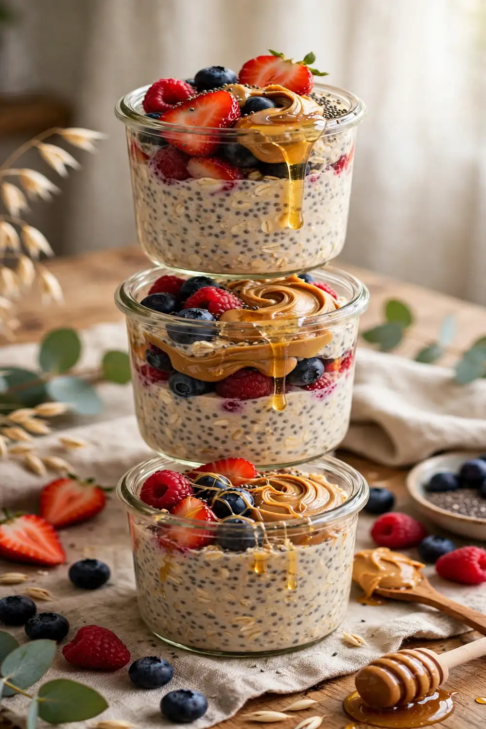 Overnight oat jars with berries and peanut butter
