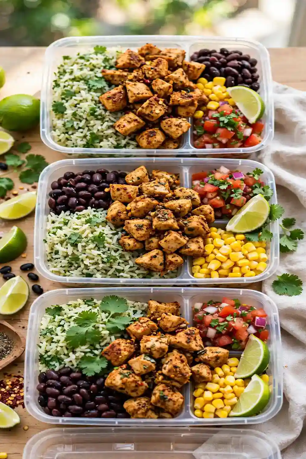 Chicken burrito bowls with corn and black beans