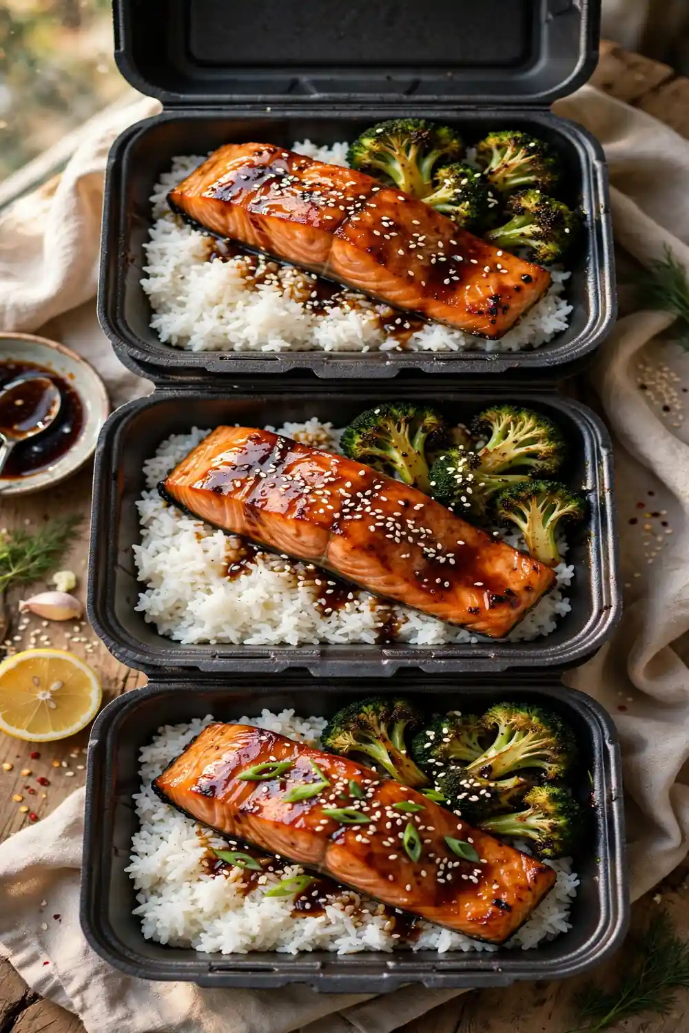Salmon rice boxes with broccoli and soy glaze