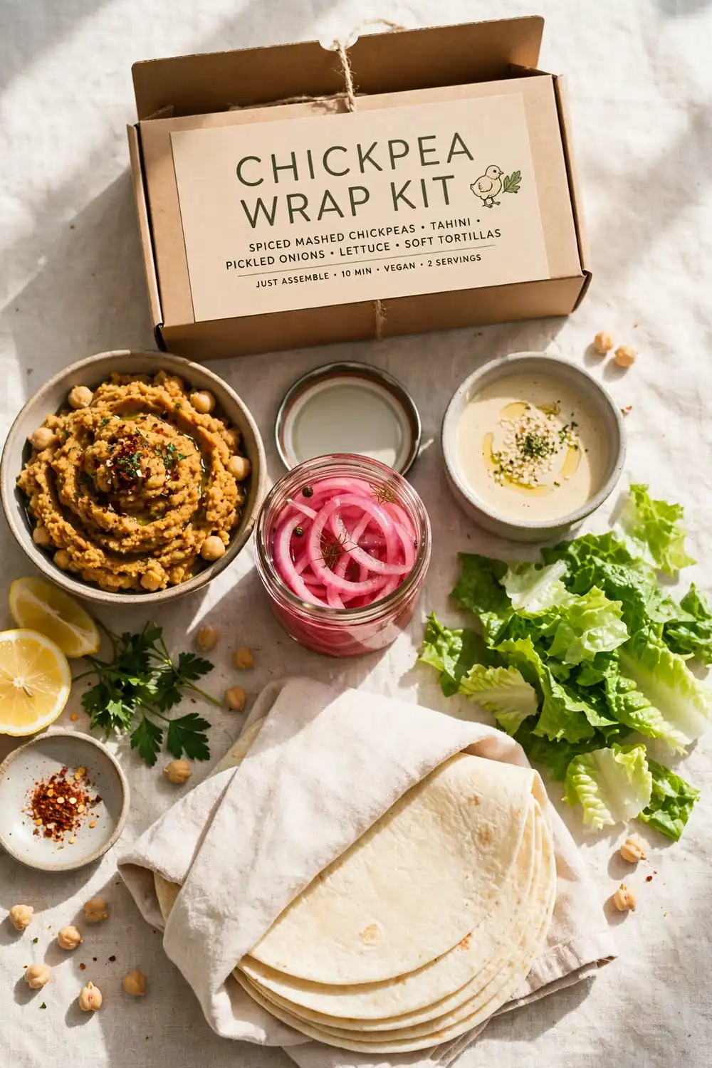 Chickpea wrap kits with tortillas and fresh vegetables
