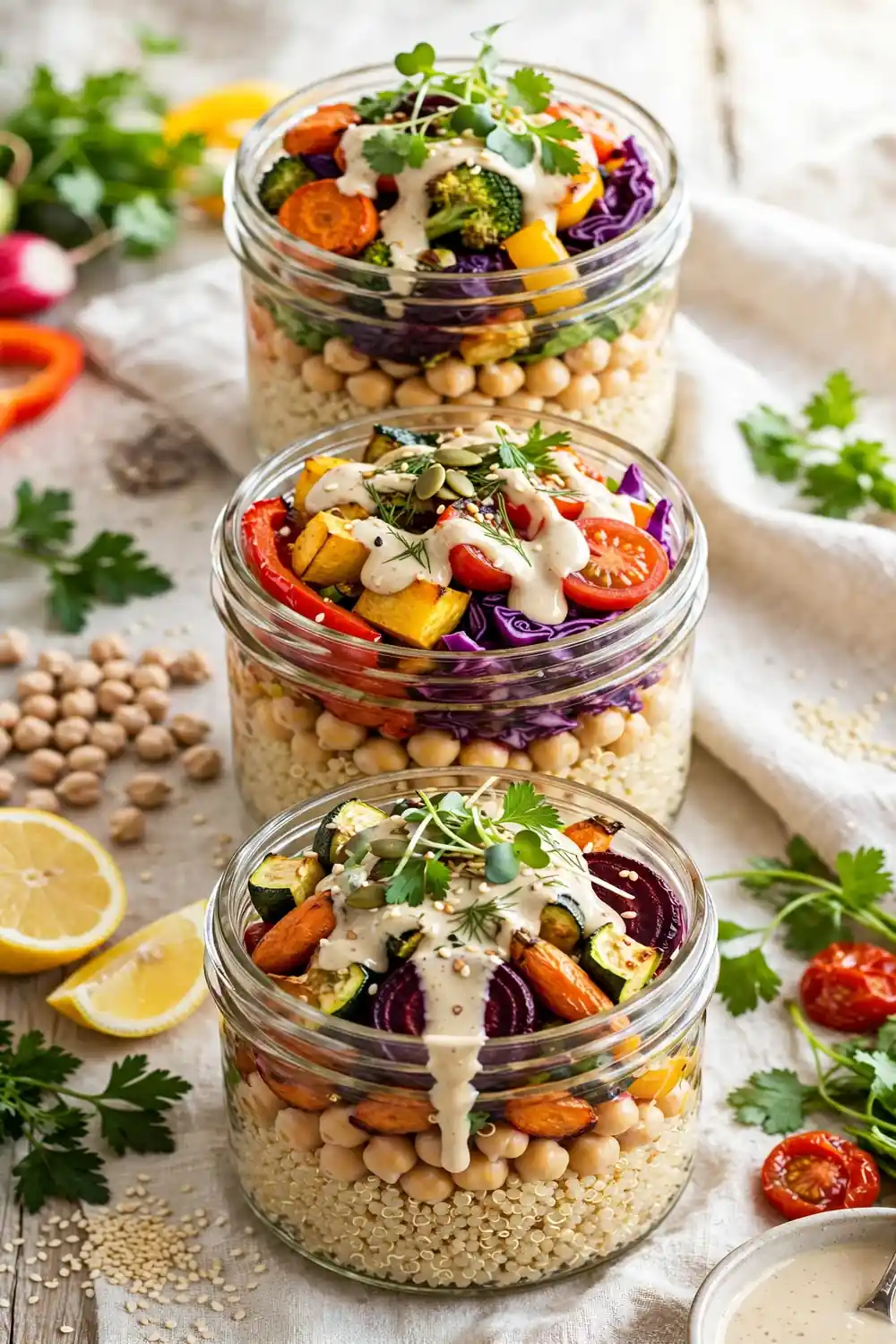Quinoa vegetable jars with chickpeas and tahini