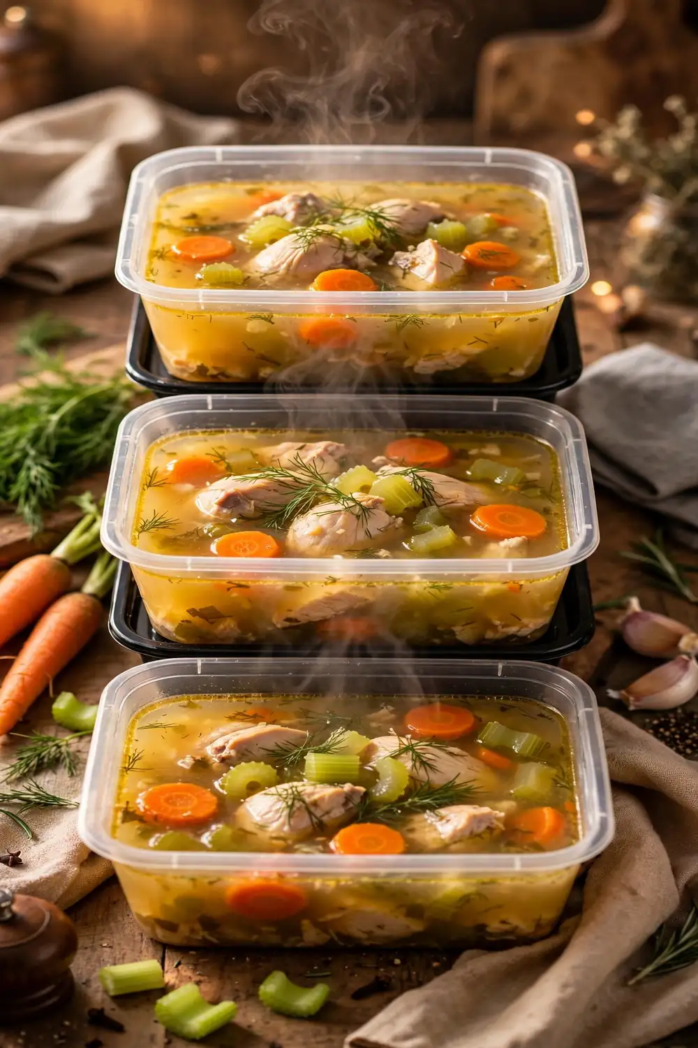 Chicken soup in meal prep containers with fresh herbs