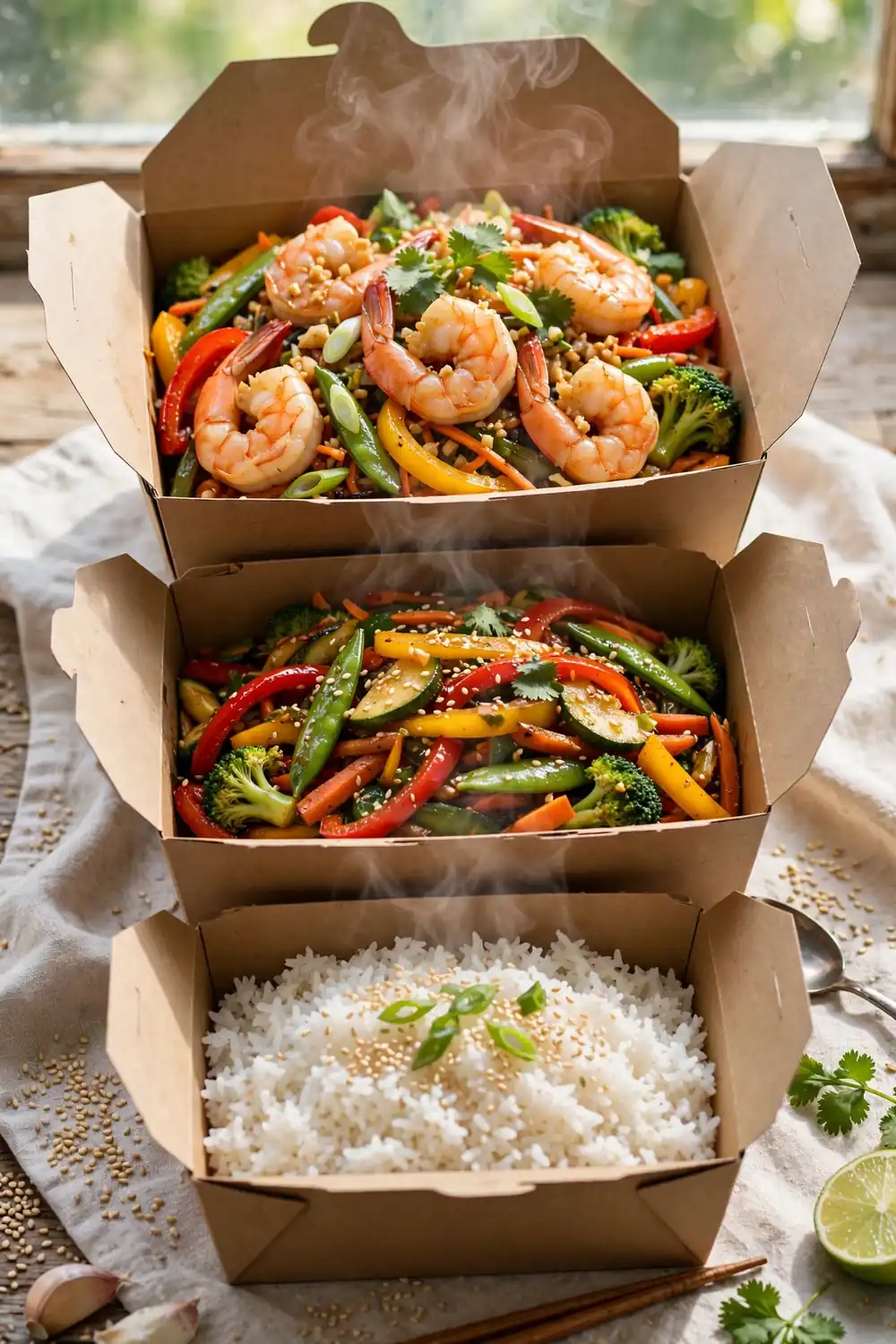 Shrimp stir-fry boxes with rice and vegetables