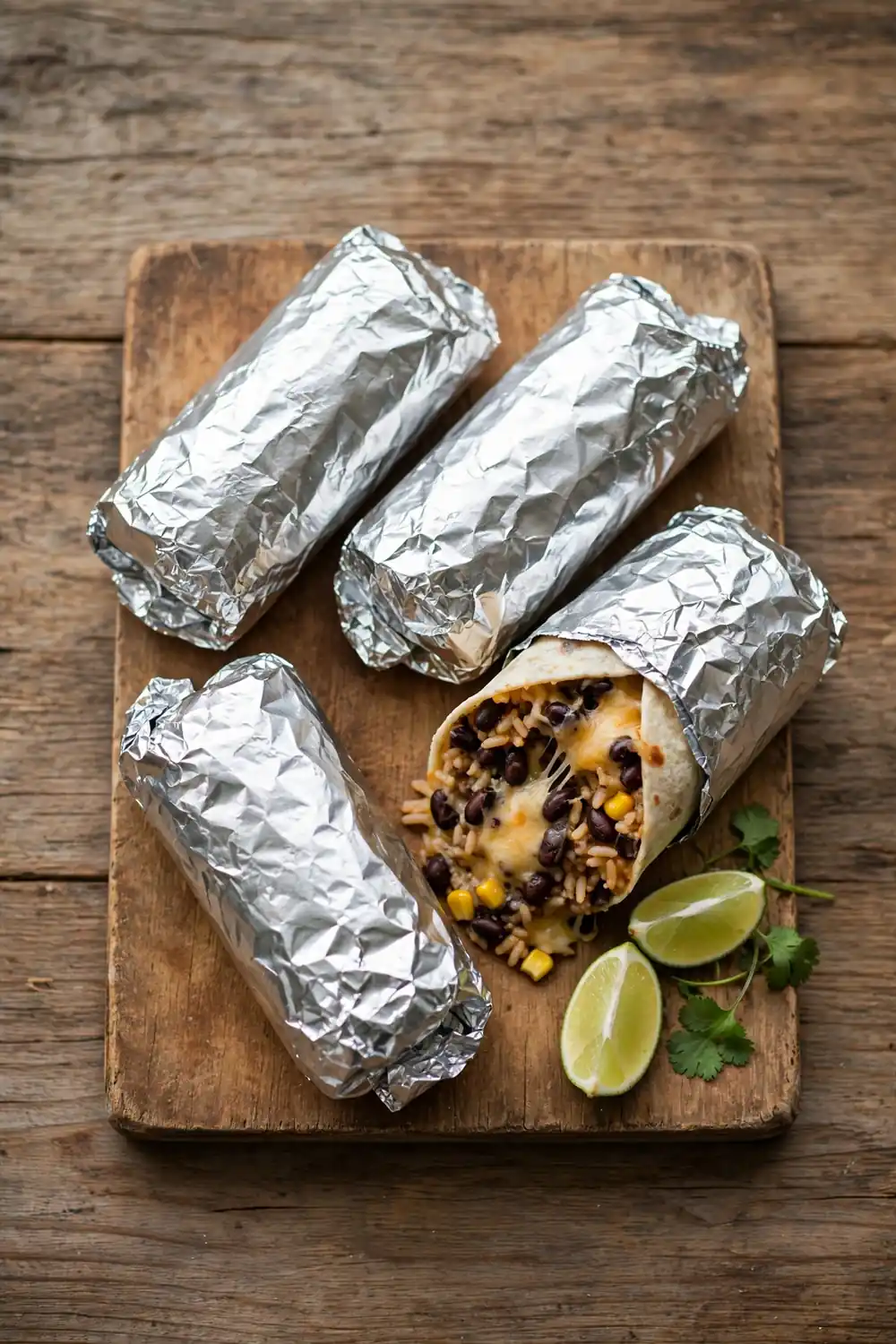Freezer black bean burritos wrapped in foil