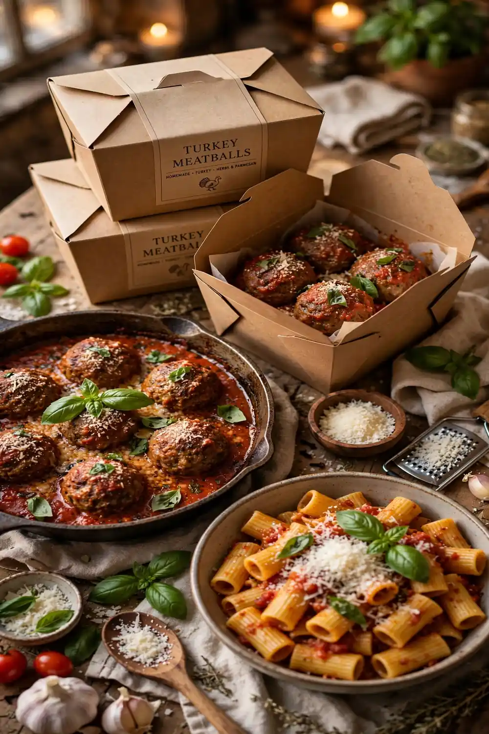 Turkey meatball boxes with marinara and pasta