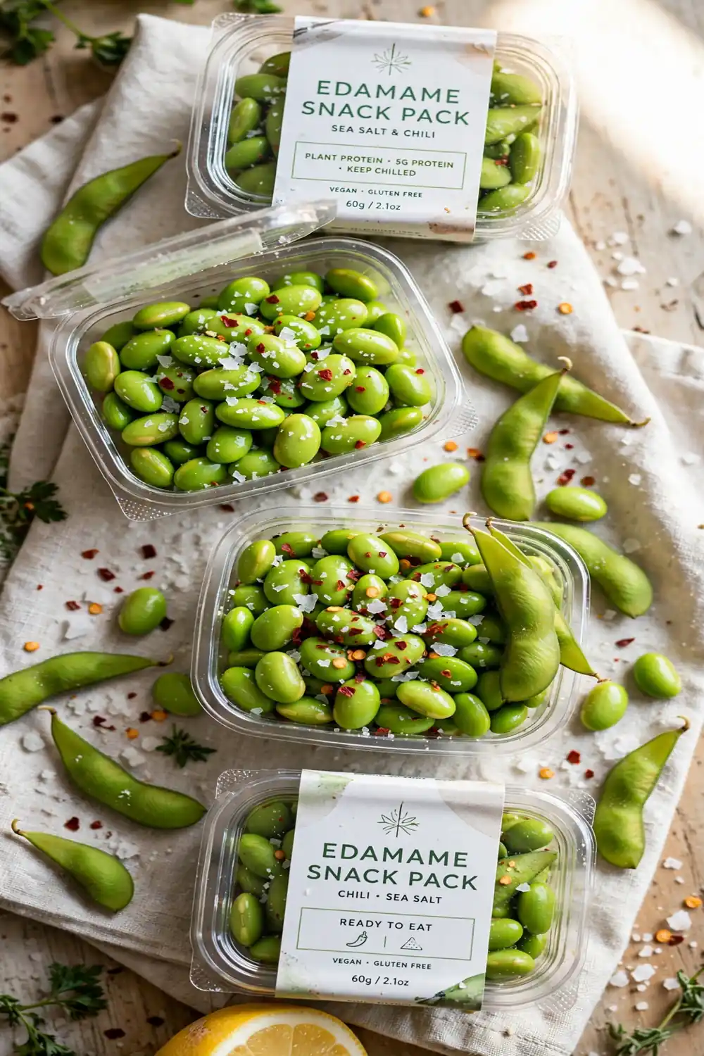 Edamame snack packs with sea salt in containers