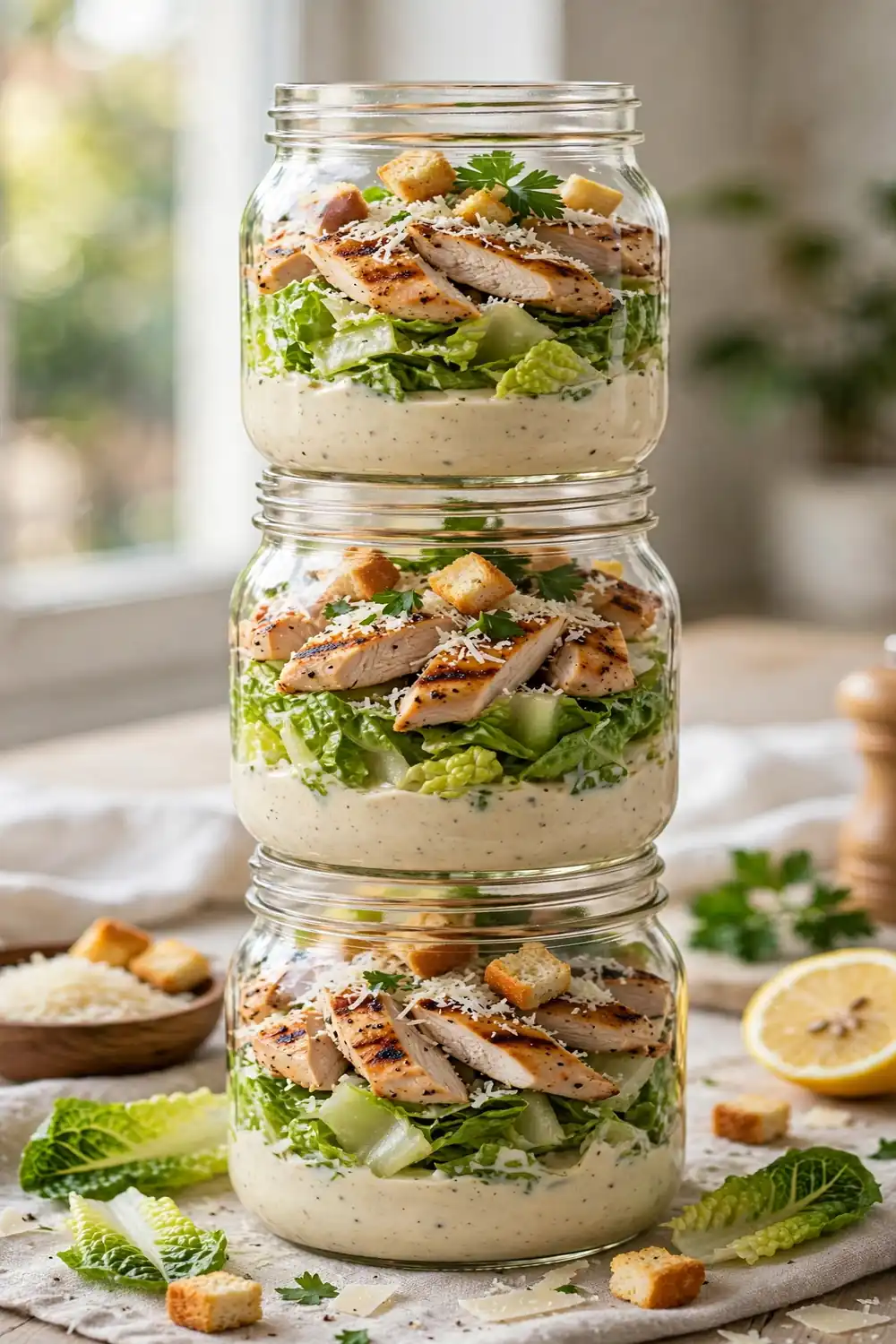 Chicken caesar salad jars with dressing on bottom