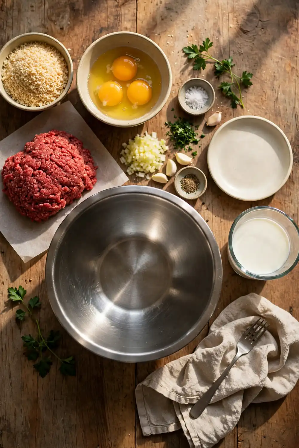 Eggs and breadcrumbs beside ground beef