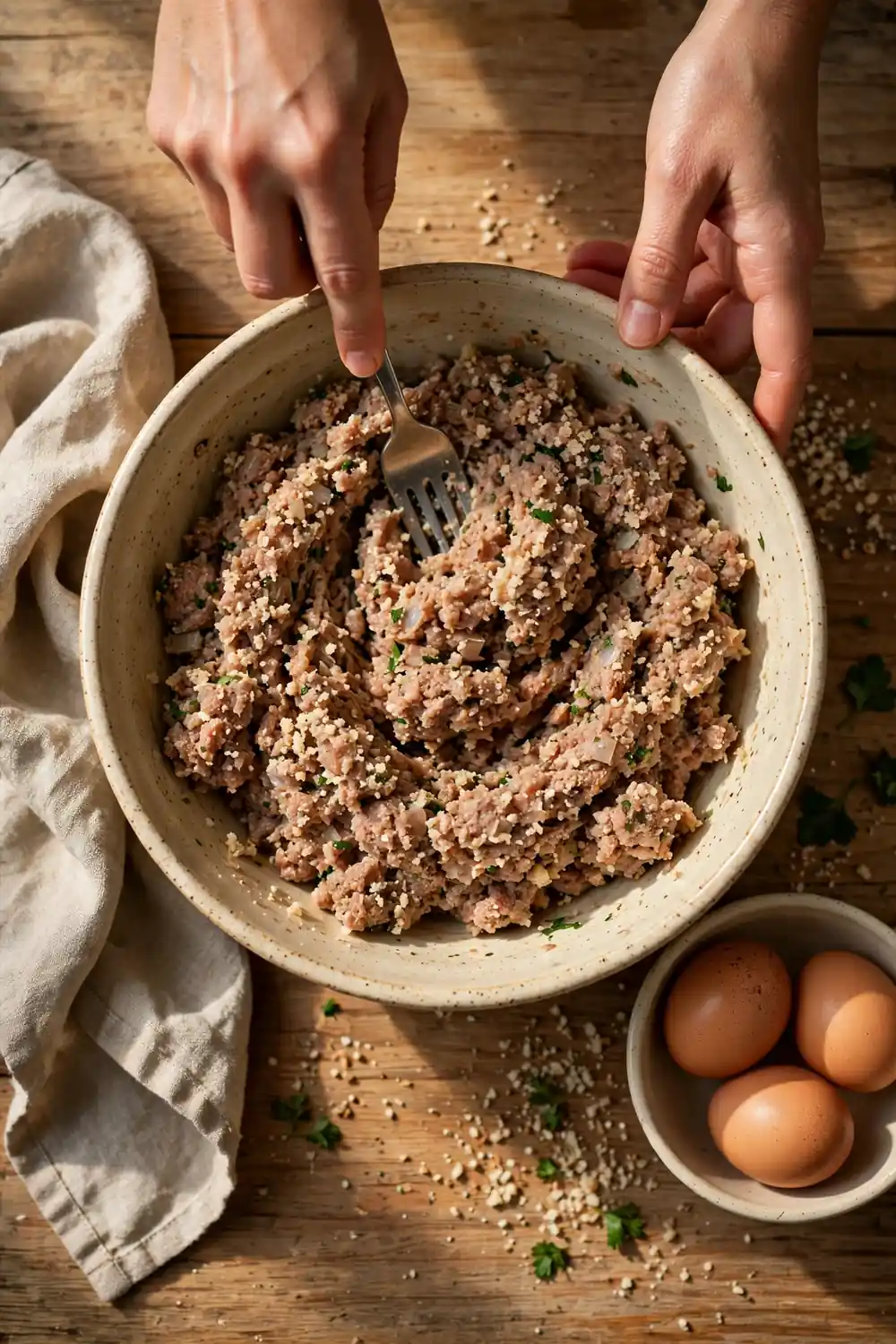 Hands gently mixing meatloaf mixture in a bowl