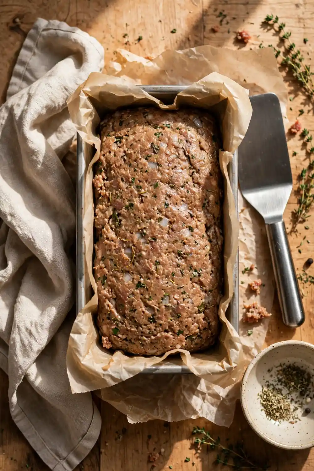 Meatloaf mixture shaped in a loaf pan