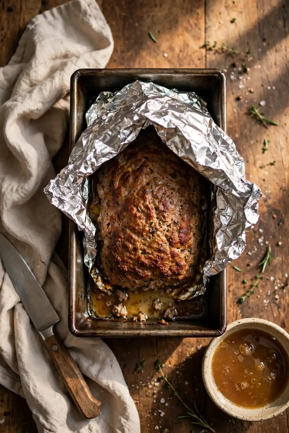 Cooked meatloaf resting under foil