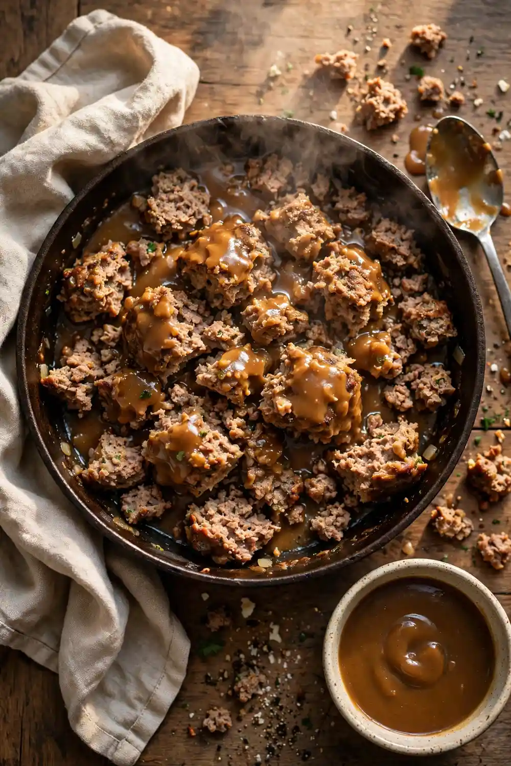 Crumbling meatloaf pieces with warm gravy