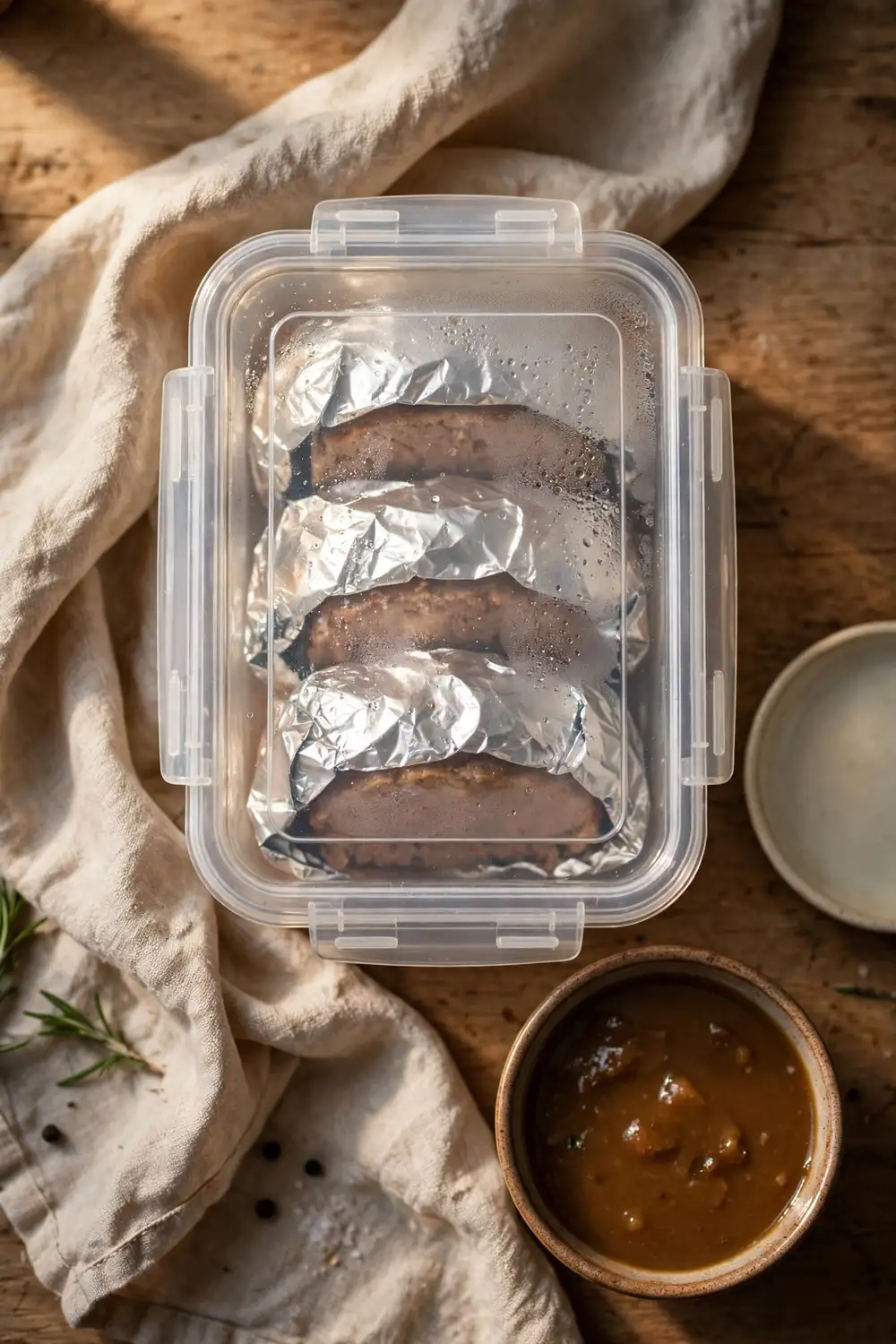 Meatloaf slices wrapped in foil in a container