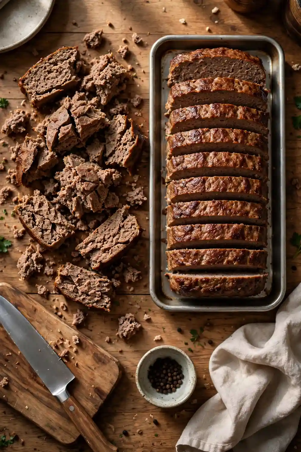 Crumbling meatloaf slices beside firm slices