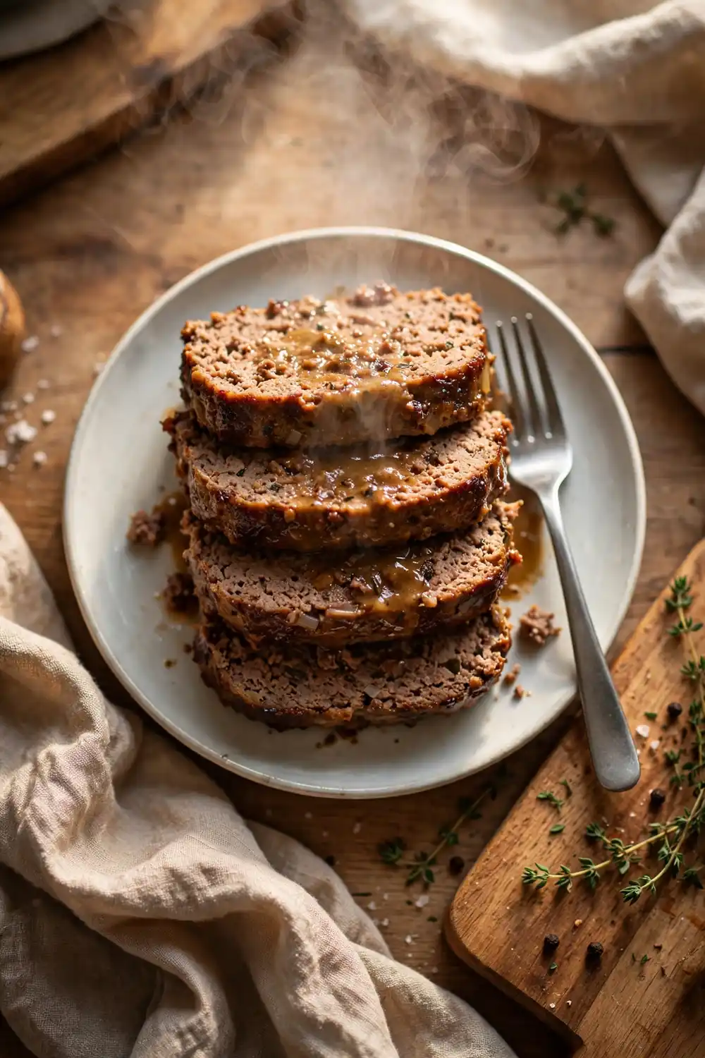 Perfect meatloaf slices stacked on a plate