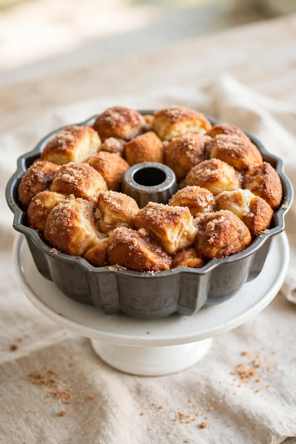 Vertical 2:3 portrait food photograph of classic cinnamon sugar monkey bread in a bundt pan on a white cake stand, golden pull-apart dough balls coated in cinnamon sugar, the bundt pan centered occupying the center 60 percent of the frame with balanced empty space around it, realistic serving and plate proportions, single focal point, warm natural light, photorealistic, no text