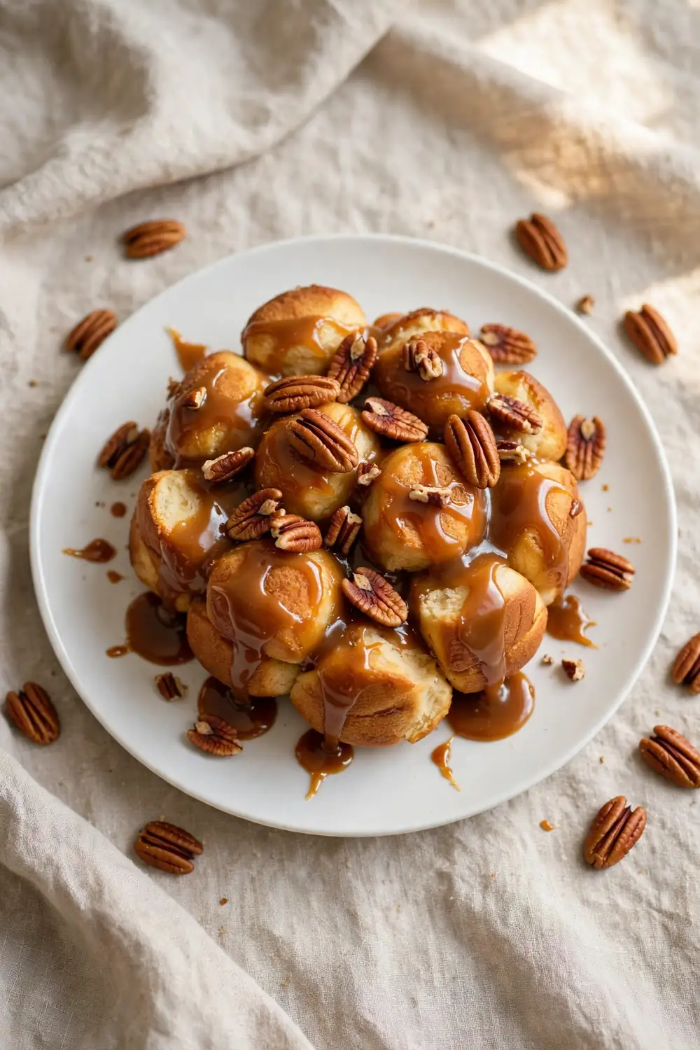 Vertical 2:3 portrait food photograph of gooey caramel pecan monkey bread on a round white plate, glossy caramel sauce and toasted pecans over golden pull-apart dough balls, the plate centered occupying the center 60 percent of the frame with balanced empty space around it, realistic serving and plate proportions, single focal point, warm natural light, photorealistic, no text