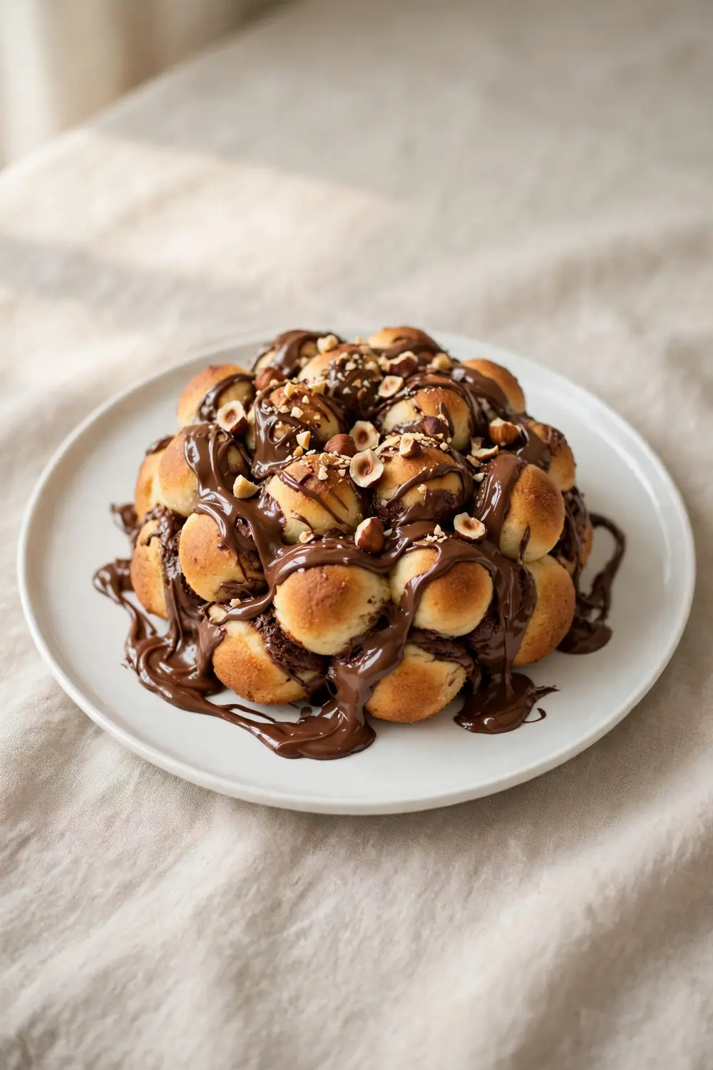 Vertical 2:3 portrait food photograph of chocolate hazelnut swirl monkey bread on a white plate, golden dough balls with melted chocolate hazelnut spread ribbons and chopped hazelnuts, the plate centered occupying the center 60 percent of the frame with balanced empty space around it, realistic serving and plate proportions, single focal point, warm natural light, photorealistic, no text