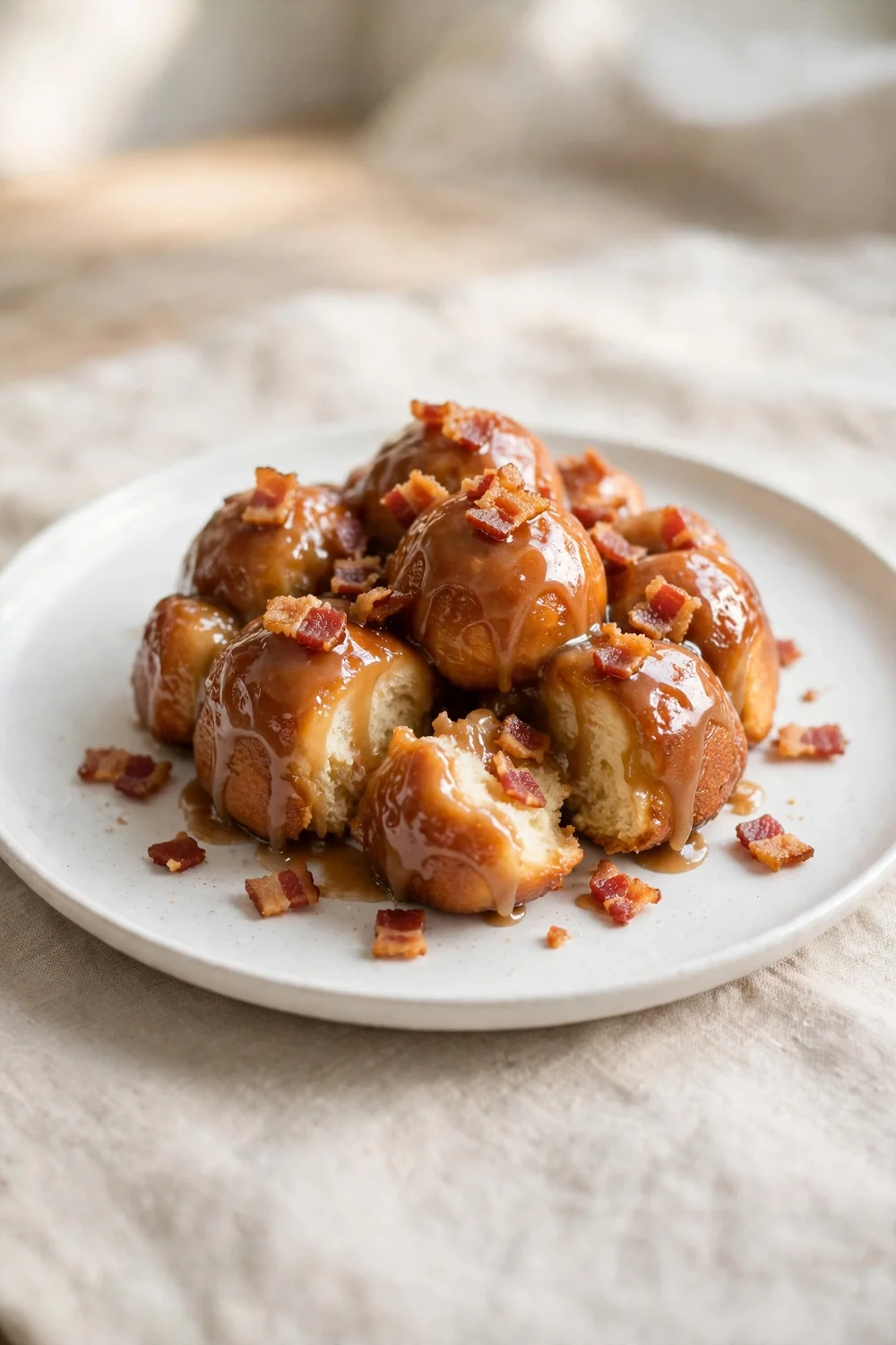 Vertical 2:3 portrait food photograph of maple bacon monkey bread on a white plate, golden pull-apart dough balls with maple glaze and crisp crumbled bacon, the plate centered occupying the center 60 percent of the frame with balanced empty space around it, realistic serving and plate proportions, single focal point, warm natural light, photorealistic, no text